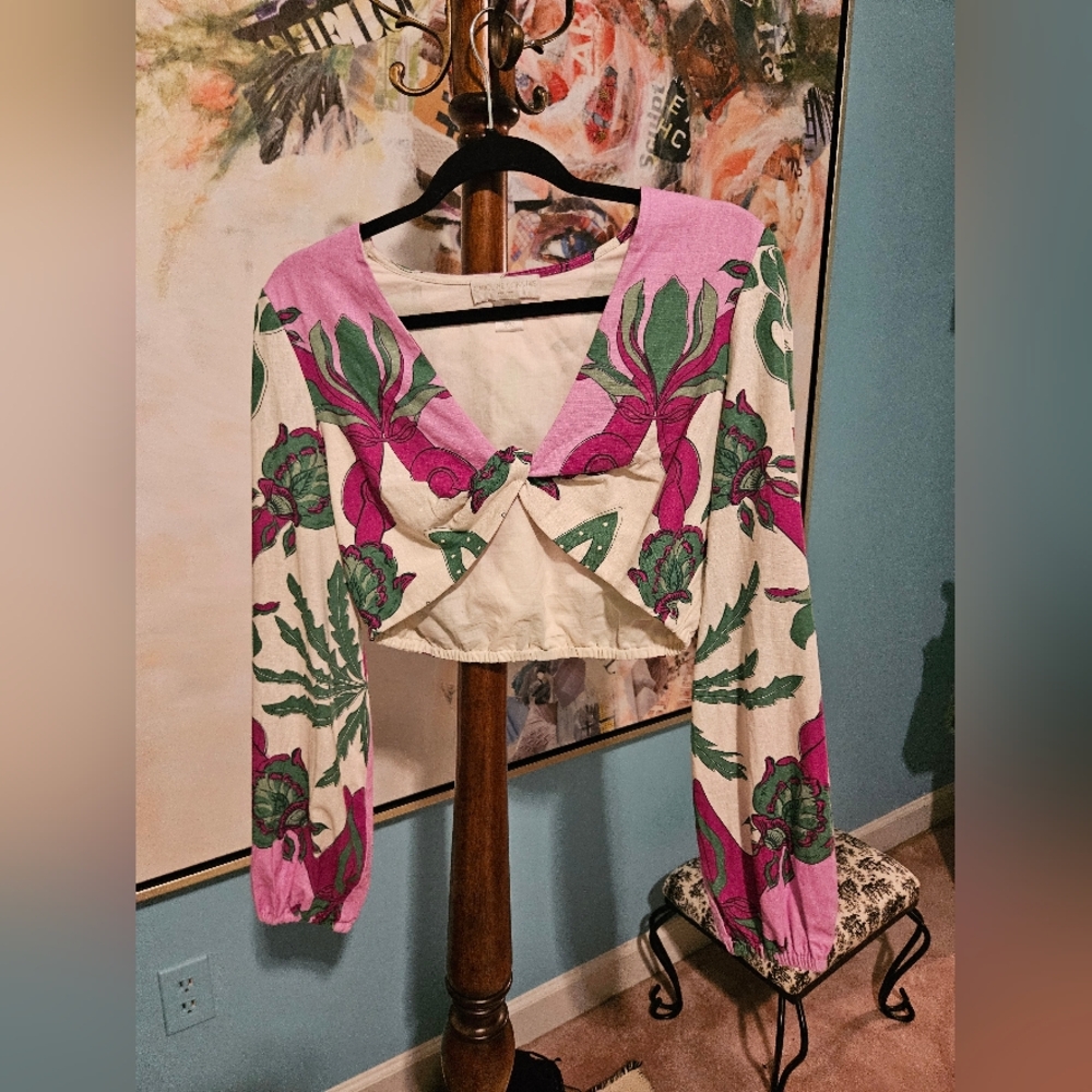 Caroline Constas Pink and Green Floral Blouse